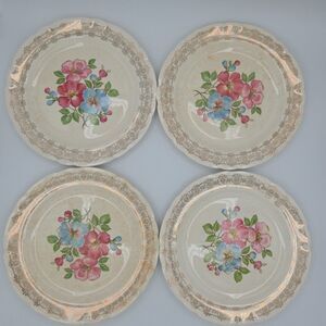 French Saxon China 22k Blossomtime 9.25 Inch Diameter Gold Plates Set Of 4 Lot 1